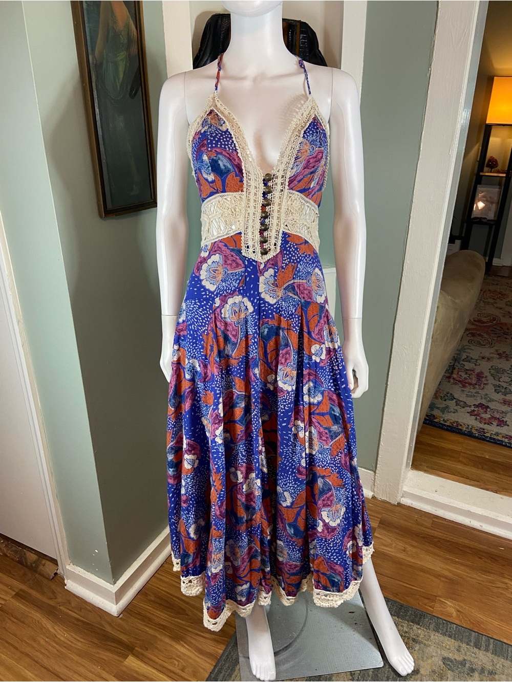 Free People Jolene Floral Crochet Lace Maxi Dress Cobalt Blue Small S - Picture 2 of 15